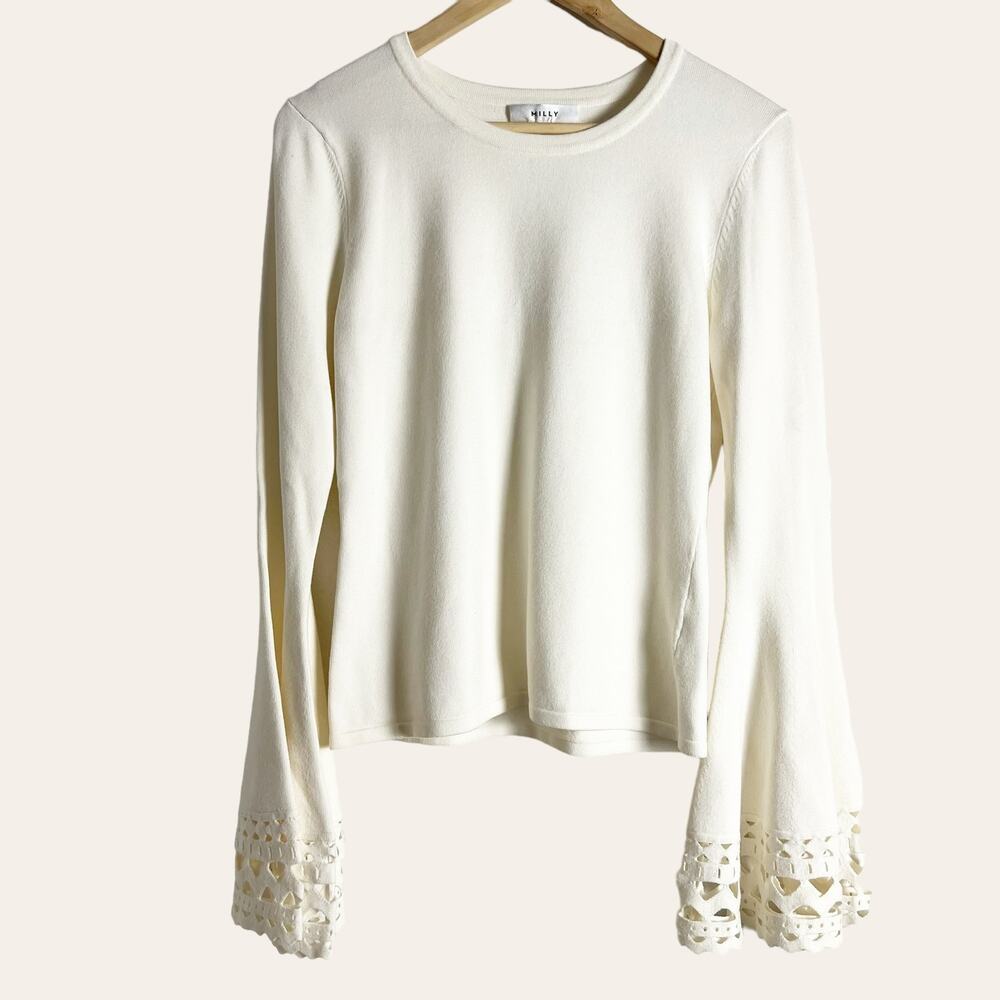 Milly White Cut-Out Flare Long Sleeve Knit Pullover Sweater Top Size M